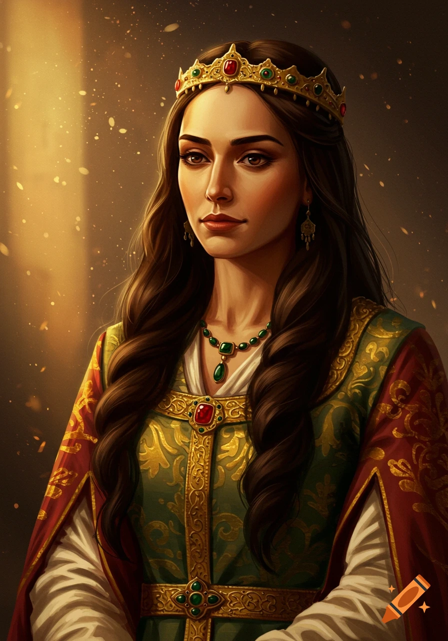 Realistic portrait of a princess with long dark hair, a golden crown, and an ornate green and red Byzantine-style dress with jewelry.