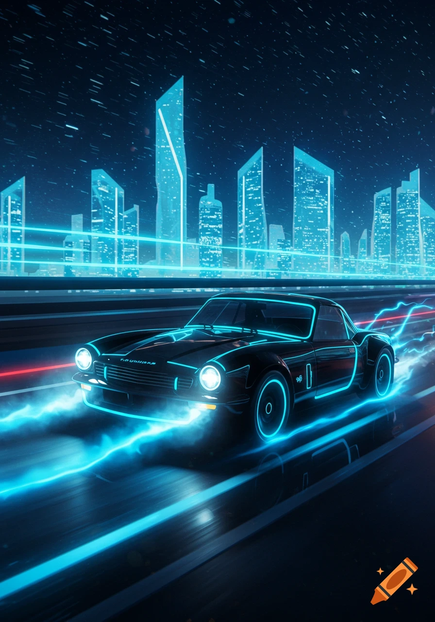 A black sports car with glowing blue neon outlines speeds down a highway at night, with a cyberpunk city skyline in the background, in a TRON-like style.