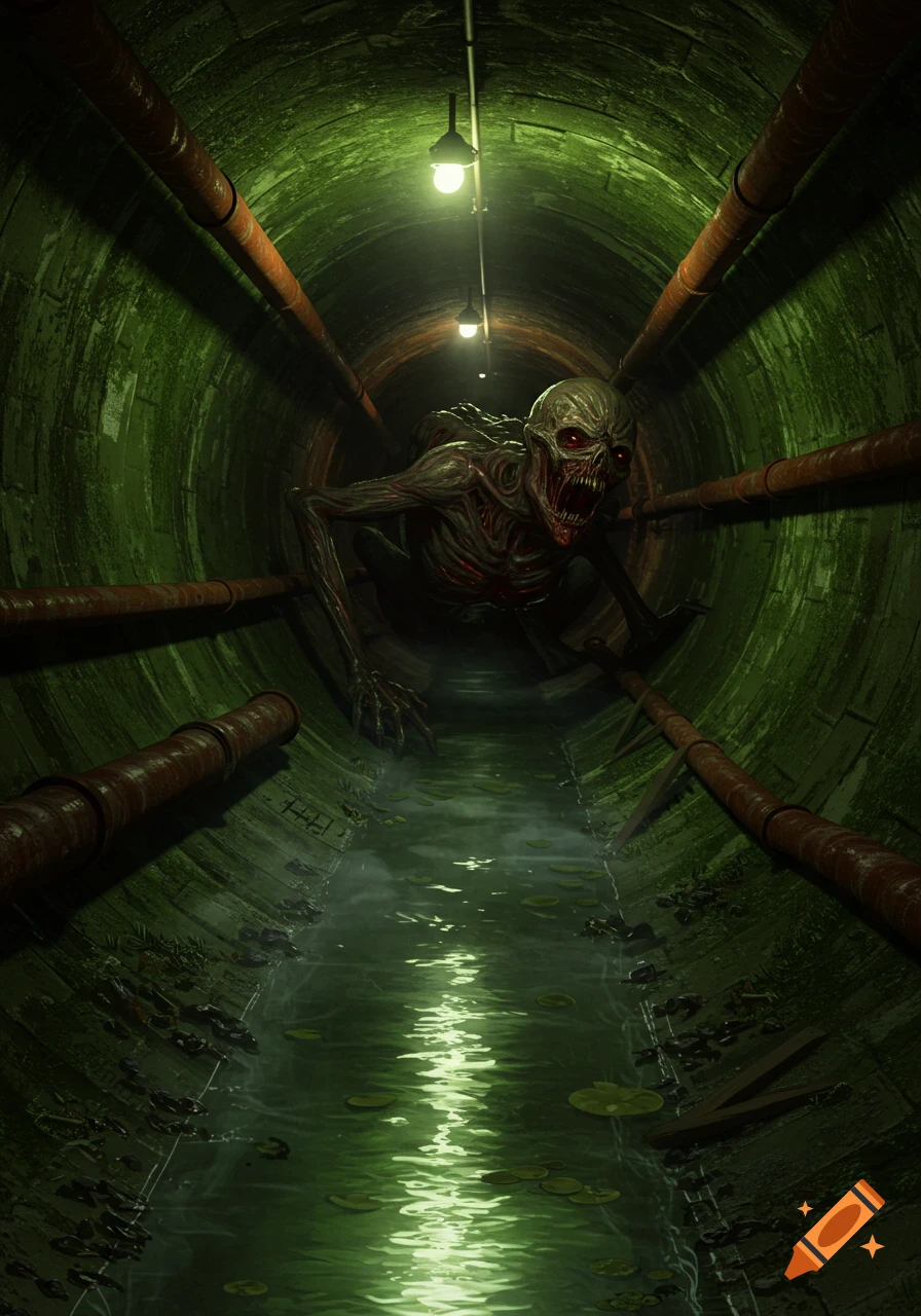 A grotesque, pale monster with glowing red eyes and sharp teeth crawls through a dark, mossy sewer tunnel with murky water.