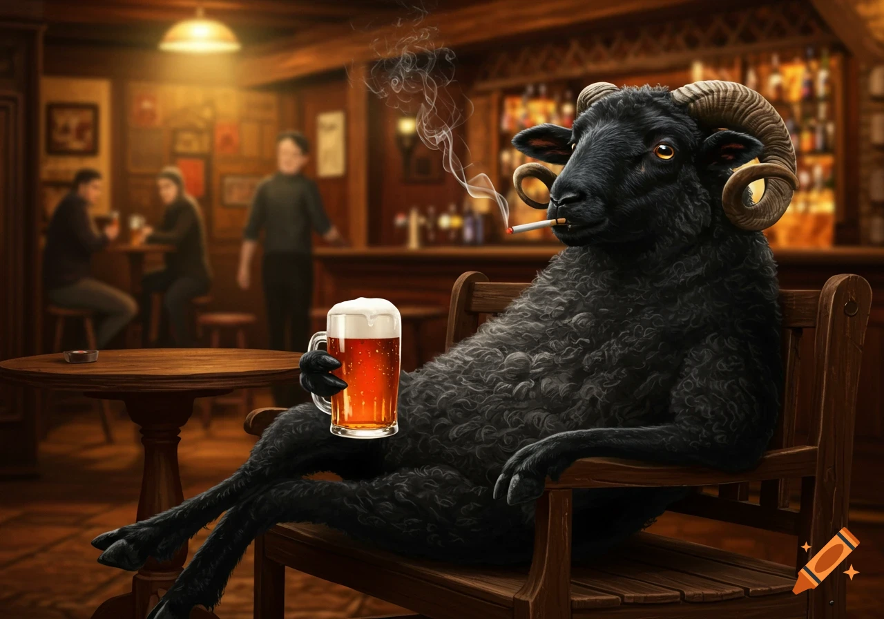 A detailed photorealistic illustration of a black ram with human hands, drinking beer and smoking a cigarette in a dimly lit bar.