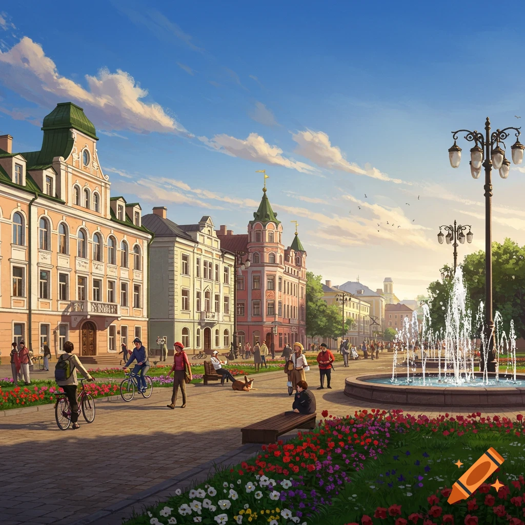 A vibrant, sunny city street with historic buildings, a fountain, people walking and cycling, and colorful flower beds.