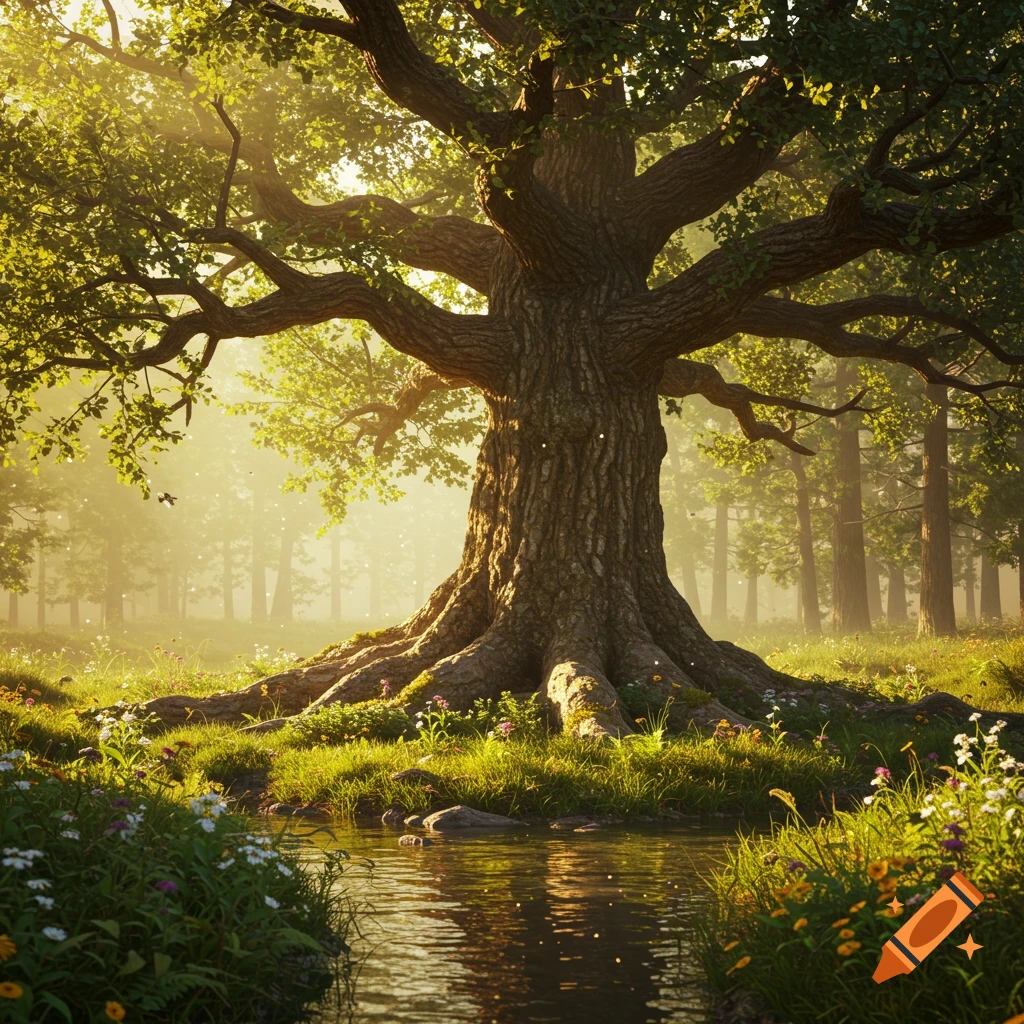A majestic ancient tree stands in a sunlit forest with a winding stream, wildflowers, and grass in the foreground.