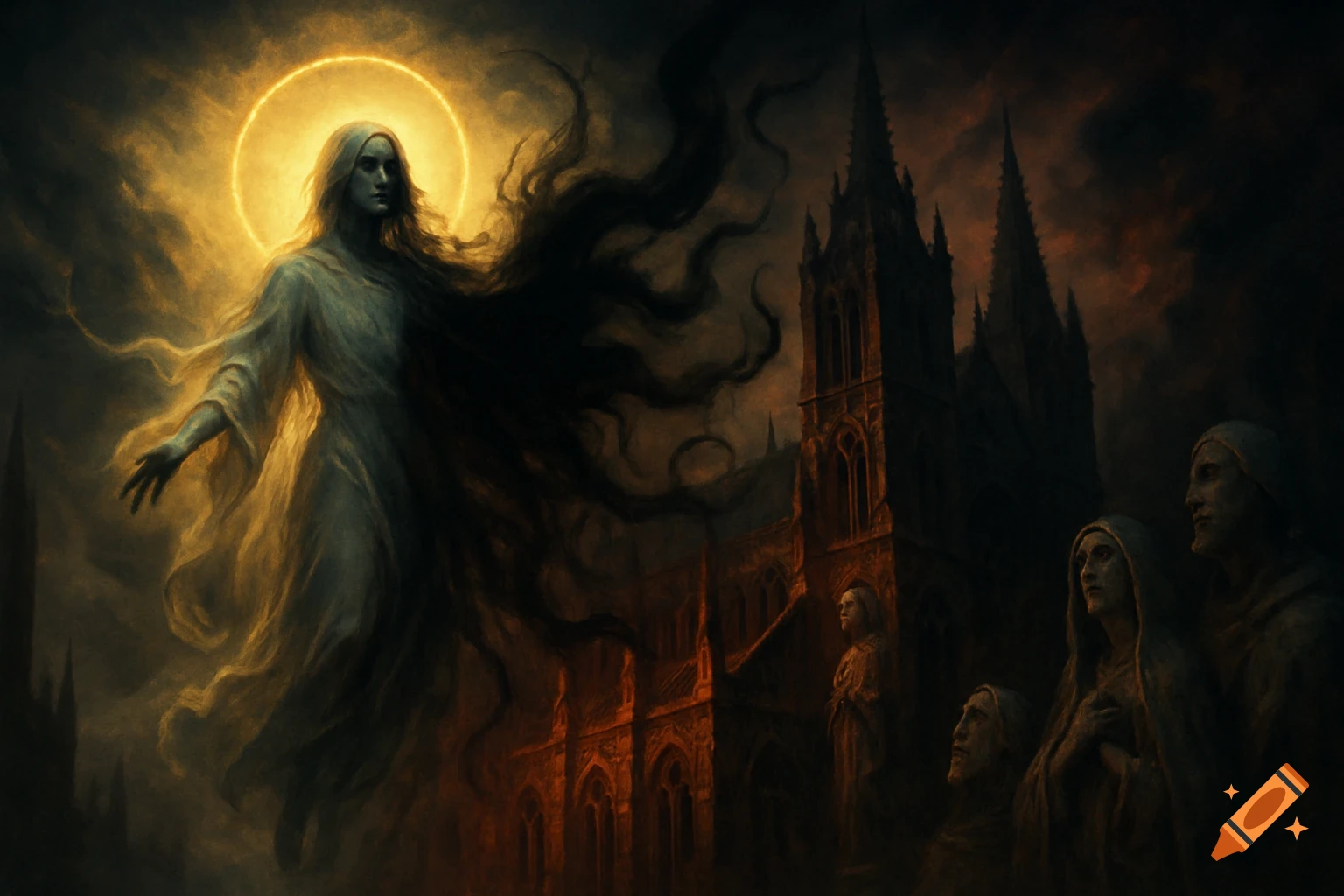 Luminous, ethereal figure with flowing hair and a halo before a dark gothic church with robed figures in a painterly dark fantasy style.