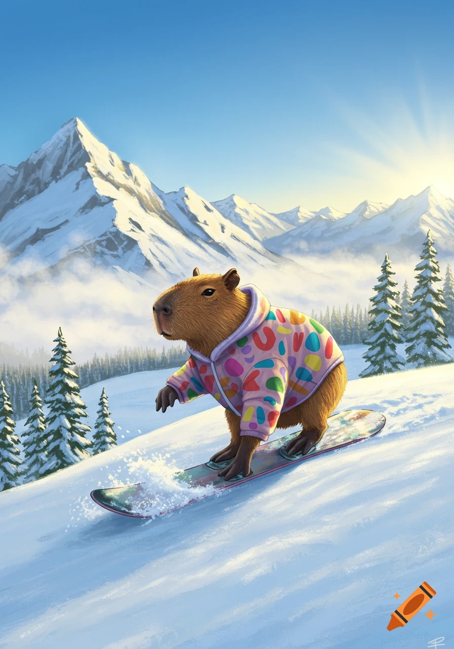 A capybara in a colorful patterned hoodie snowboards down a snowy mountain with pine trees, under a bright blue sky.