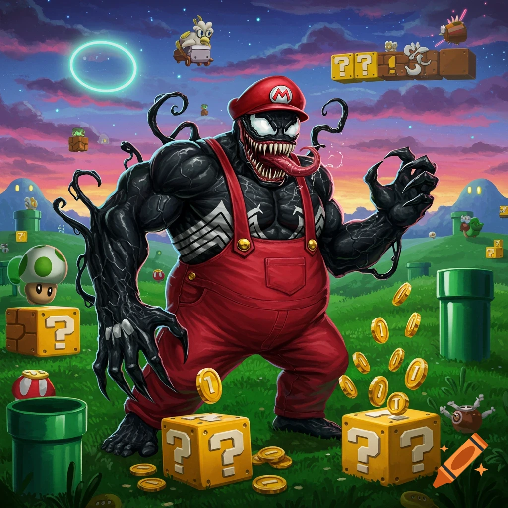 Venom, wearing Mario's red hat and overalls, stands in a Super Mario Bros. landscape with question blocks and coins.