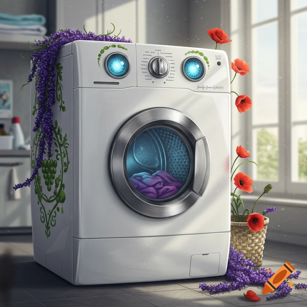 A white washing machine, adorned with lavender and red poppies, has glowing blue eyes on its control panel, in a sunny room.