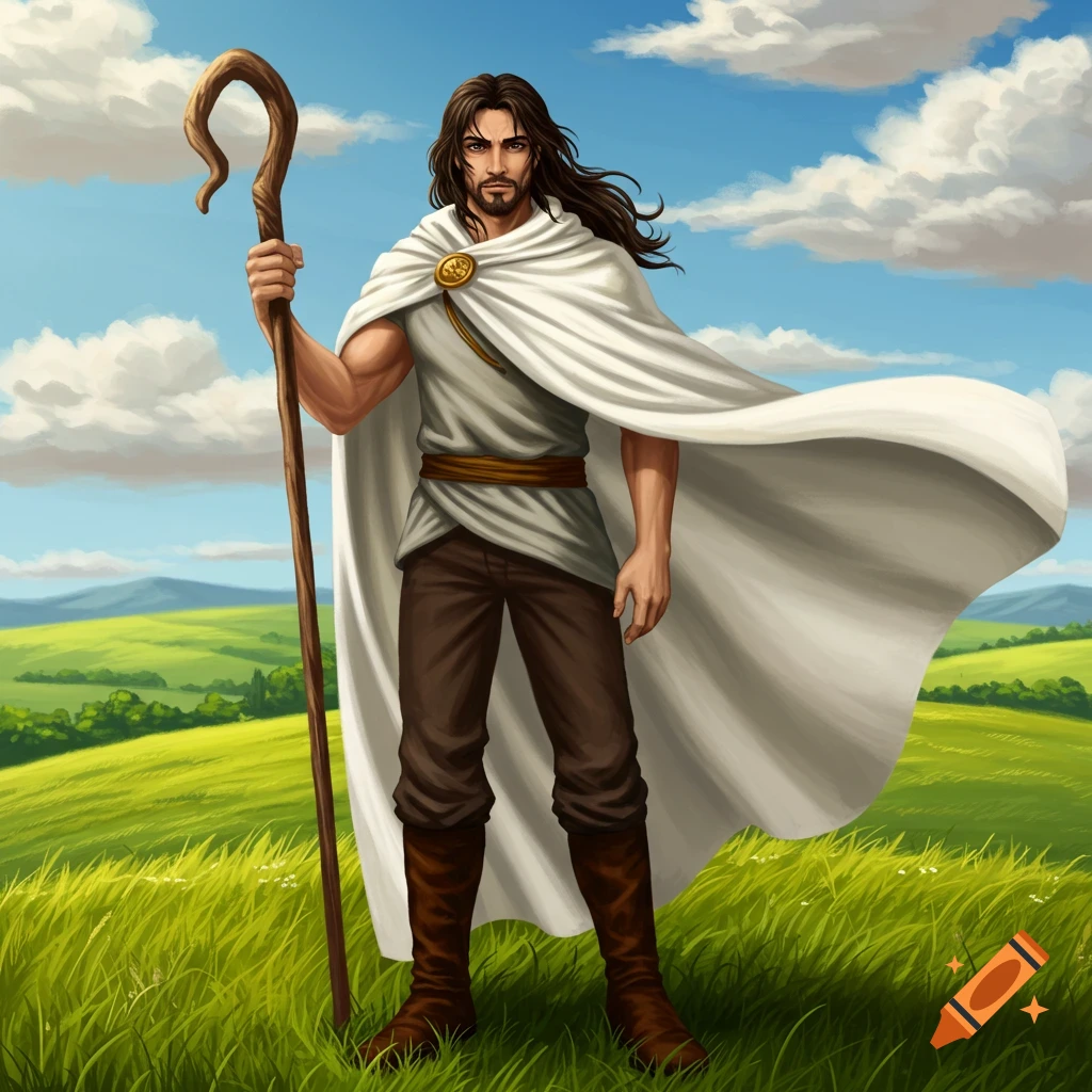 A stoic male character with long dark hair and a white cape, holding a shepherd's staff, stands in a vibrant green field under a blue sky.