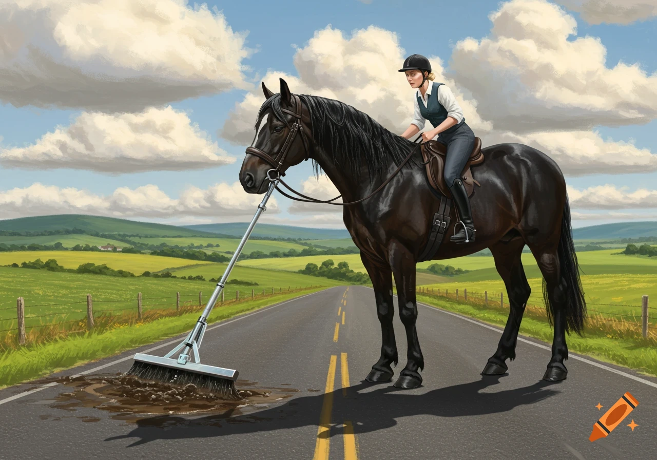A woman on a very tall dark horse sweeps a pile of mud on a paved road through green rolling hills under a blue sky.