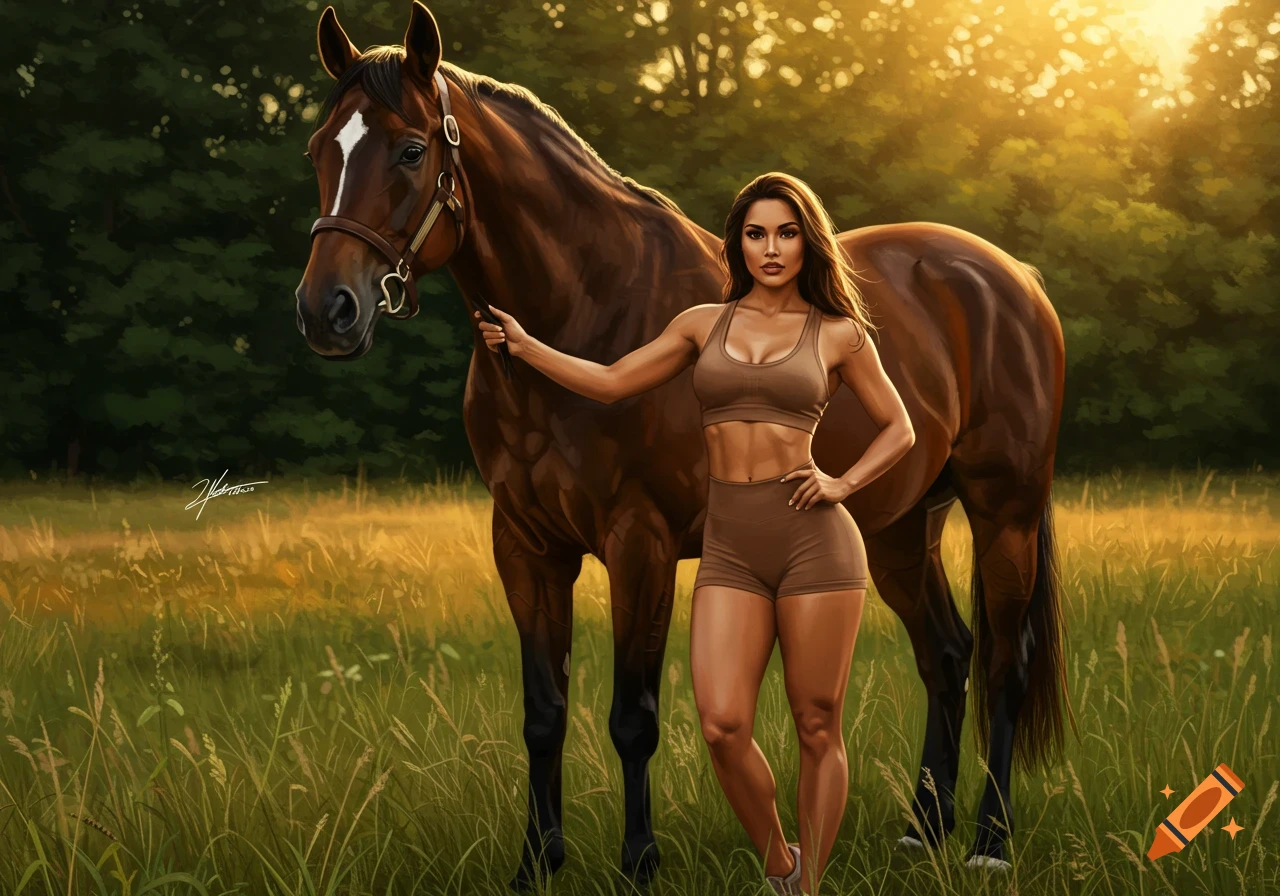 A fit woman in a brown sports bra and shorts stands next to a brown horse in a sunlit grassy field.
