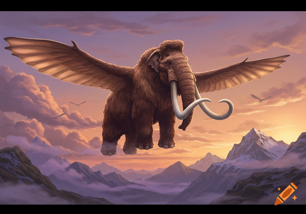 A majestic brown flying mammoth with large wings soars through a vibrant sunset sky above snow-capped mountains.