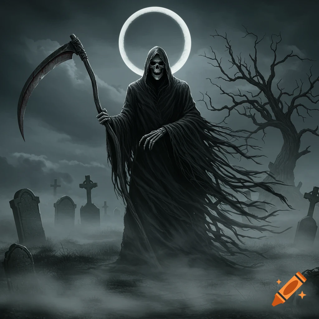 A cloaked Grim Reaper with a skeletal face holds a scythe in a dark, foggy graveyard under a ringed moon. Dark fantasy art.