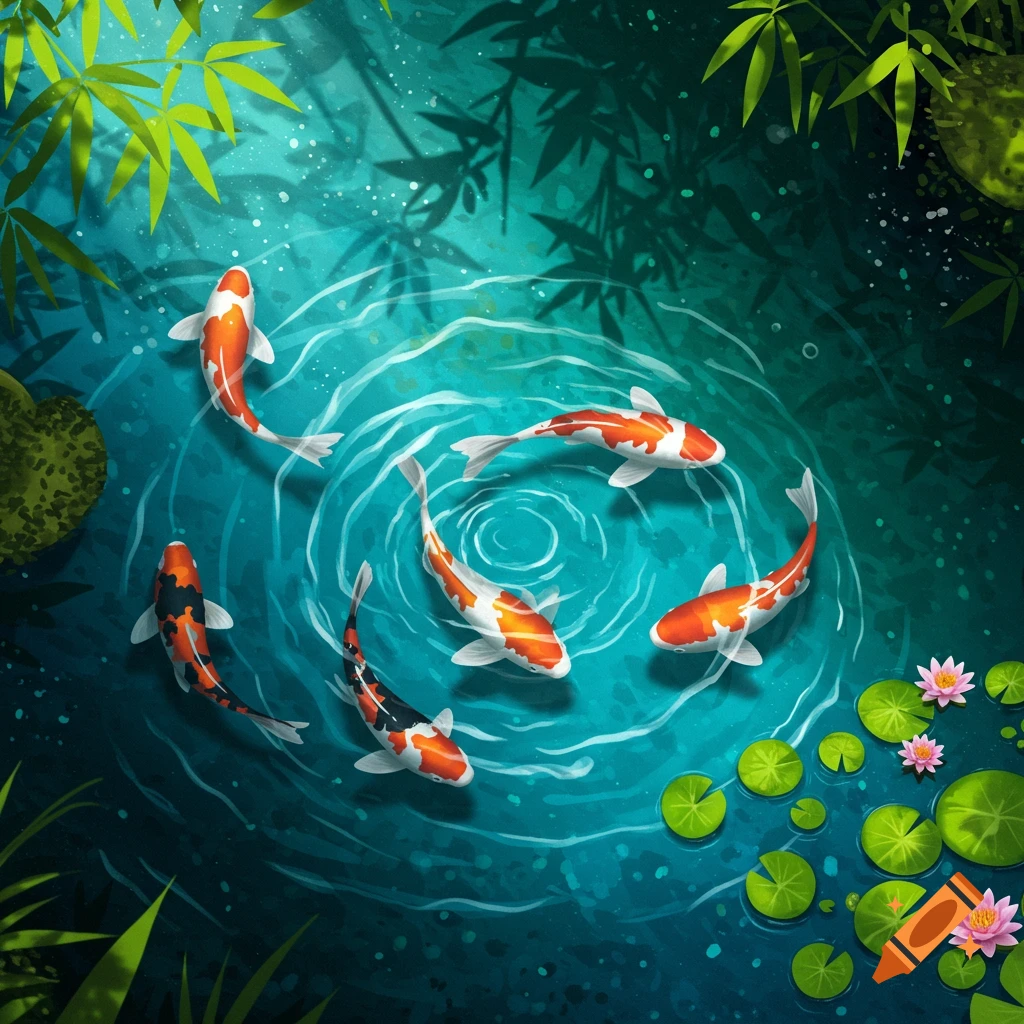 Vibrant stylized illustration of several orange and black koi fish swimming in a teal pond with green lily pads and bamboo leaves.
