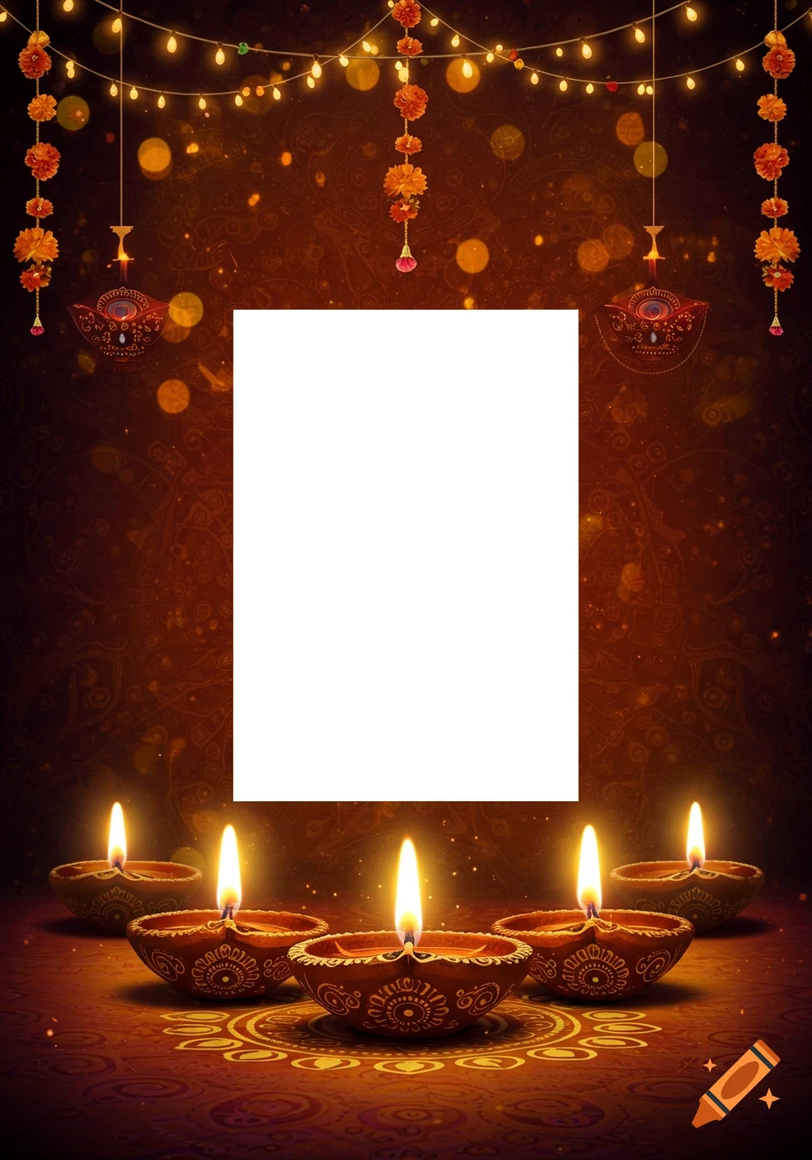 A festive Diwali photo frame with glowing oil lamps, floral garlands, fairy lights, and ornate patterns around a blank white center.