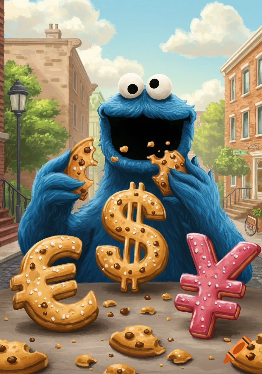 Cartoon Cookie Monster happily eats cookie-shaped Euro, Dollar, and Yen currency symbols on a street.