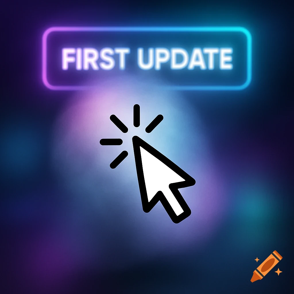 A glowing neon sign says 'FIRST UPDATE' with a white computer mouse cursor pointing at it against a blurry purple and blue background.