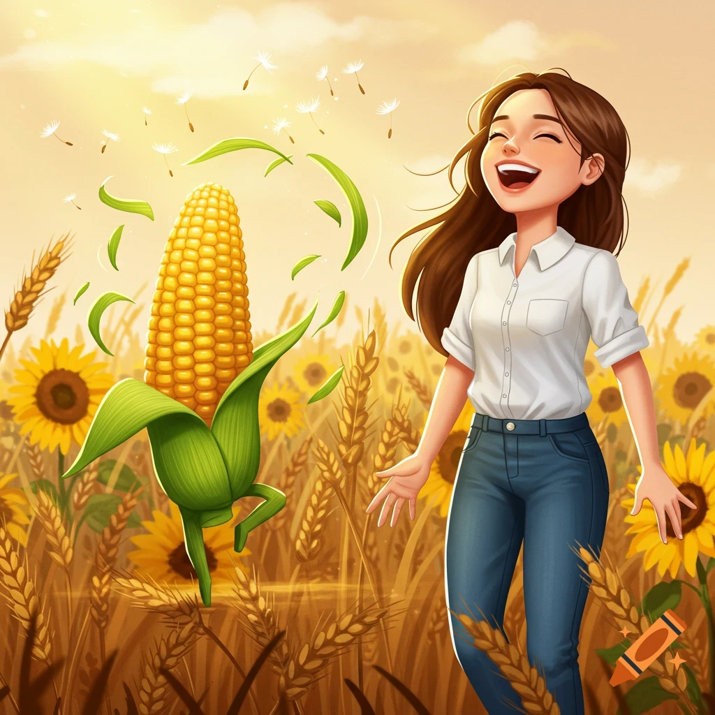 Cartoon illustration of a happy girl laughing at a dancing corn cob in a sunny field with sunflowers.