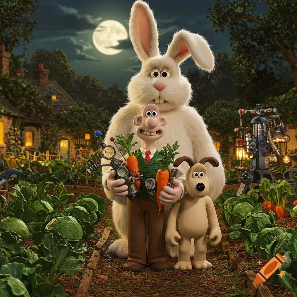 Claymation Wallace, Gromit, and a giant rabbit stand in a moonlit garden with vegetables. Wallace holds carrots and a gadget.