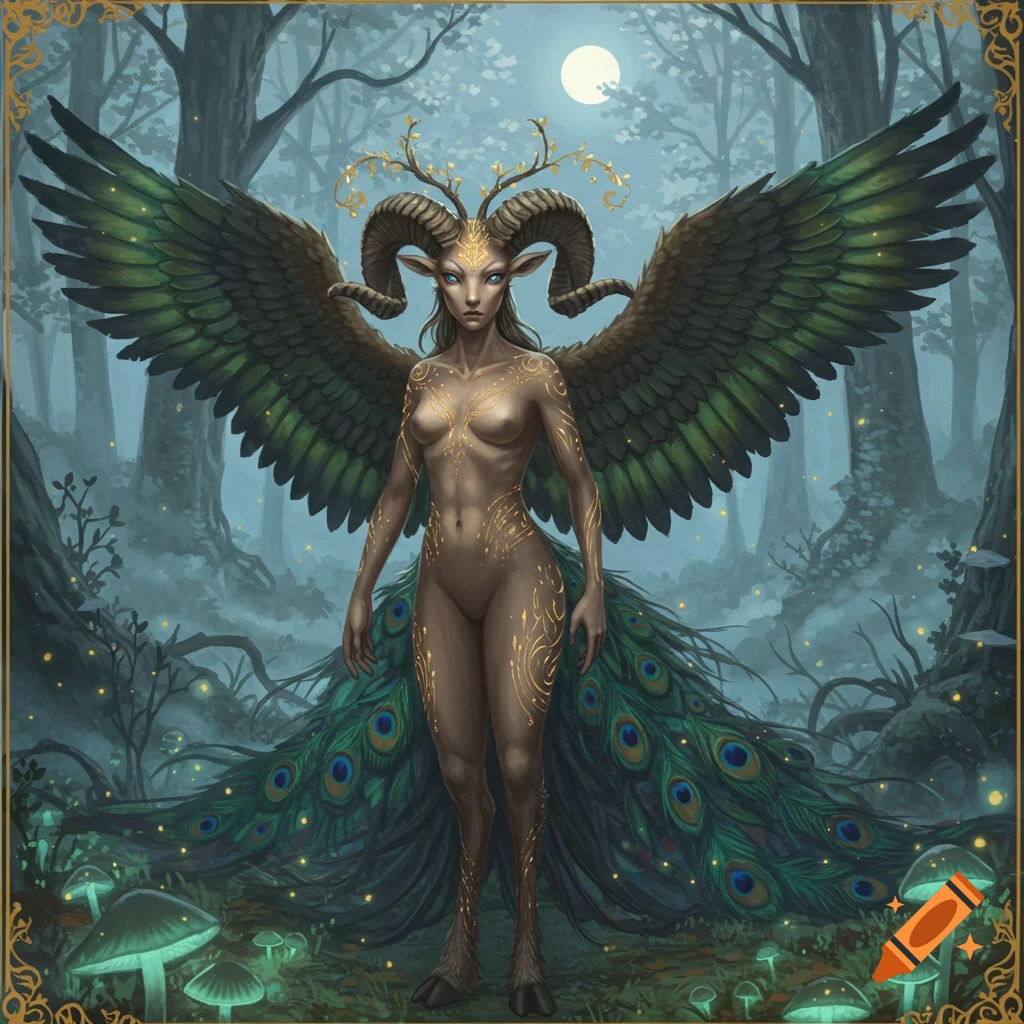 Fantasy art of a ram-horned, winged woman with gold patterns on her skin and a peacock tail in a moonlit enchanted forest.
