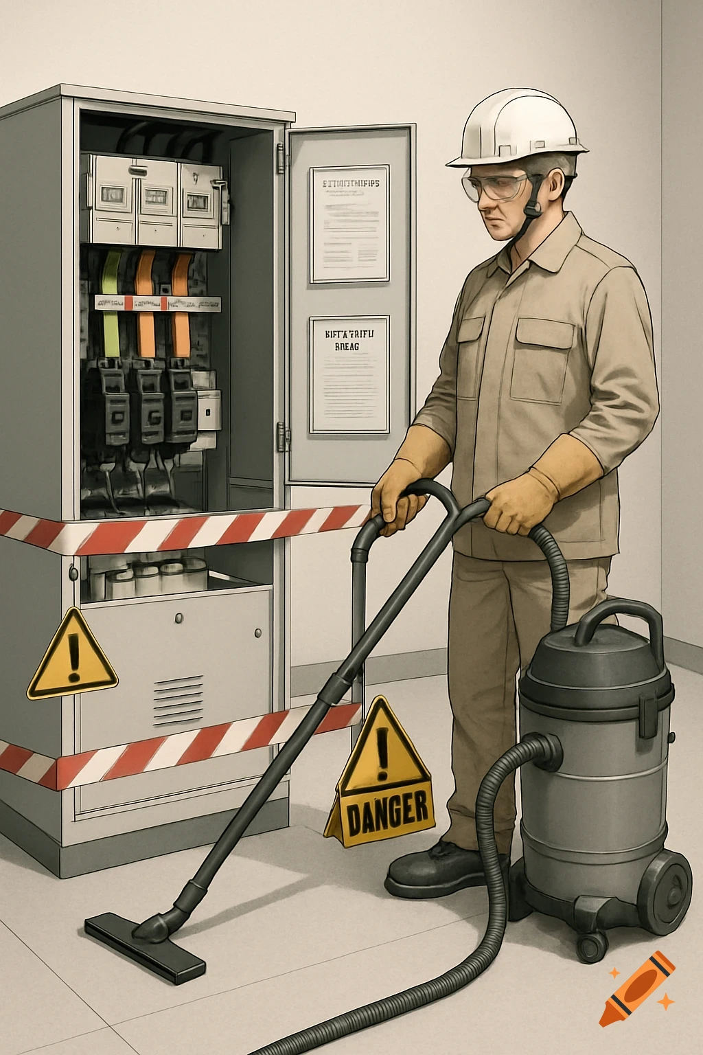 A man in protective gear vacuums in front of an open electrical panel with warning signs and caution tape.