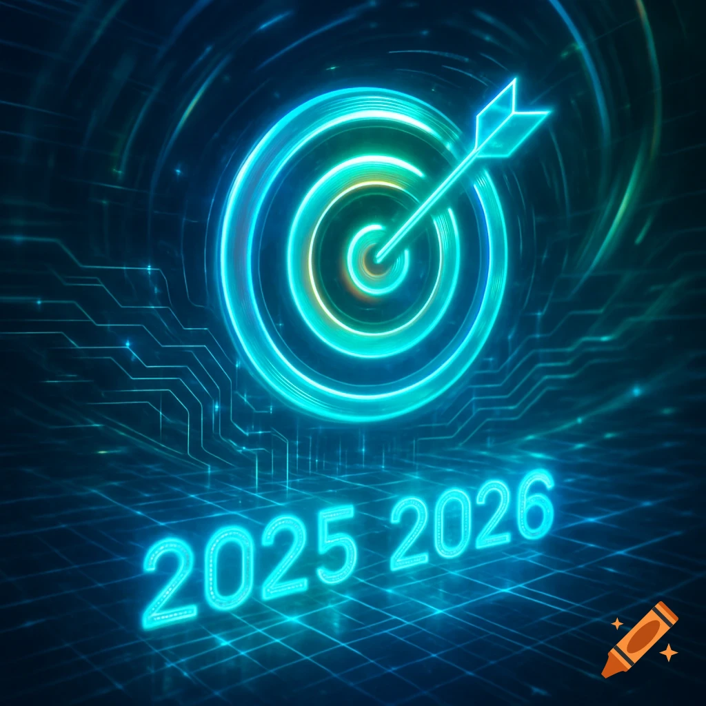 Neon blue digital target with an arrow hitting the center, against a circuit board background, with glowing '2025 2026' text.