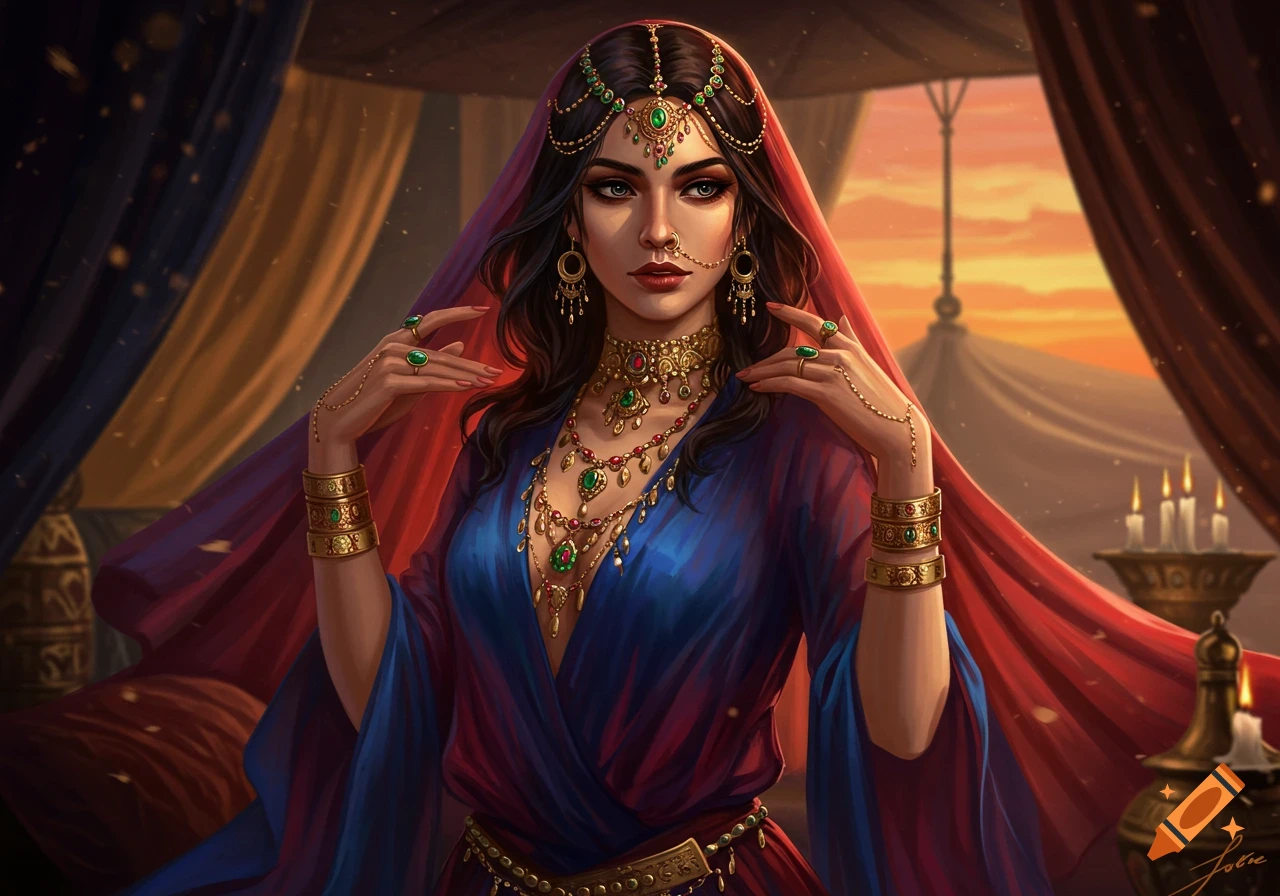 A beautiful Arabian woman adorned with elaborate gold and emerald jewelry and a nose piercing, in a richly detailed fantasy portrait.