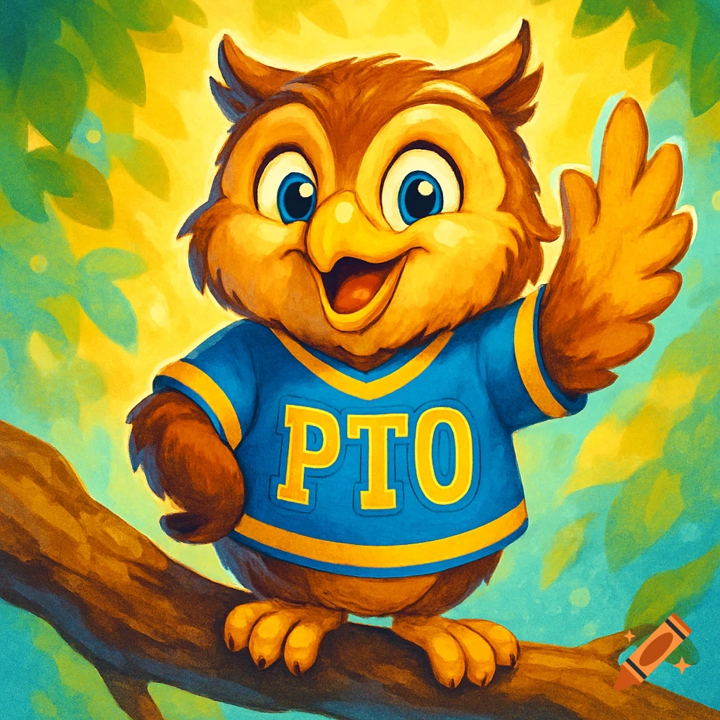 A cheerful cartoon owl mascot in a blue and yellow PTO jersey, perched on a branch, waving with a sunny background.