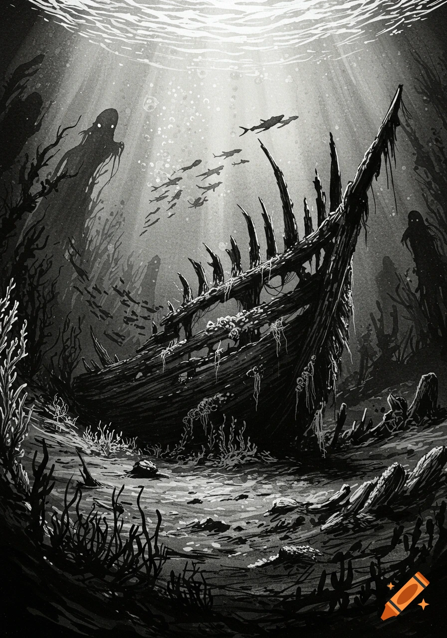 Dark ink drawing of a sunken ship on the ocean floor, surrounded by eerie shadowy figures, fish, and kelp, with light from the surface.