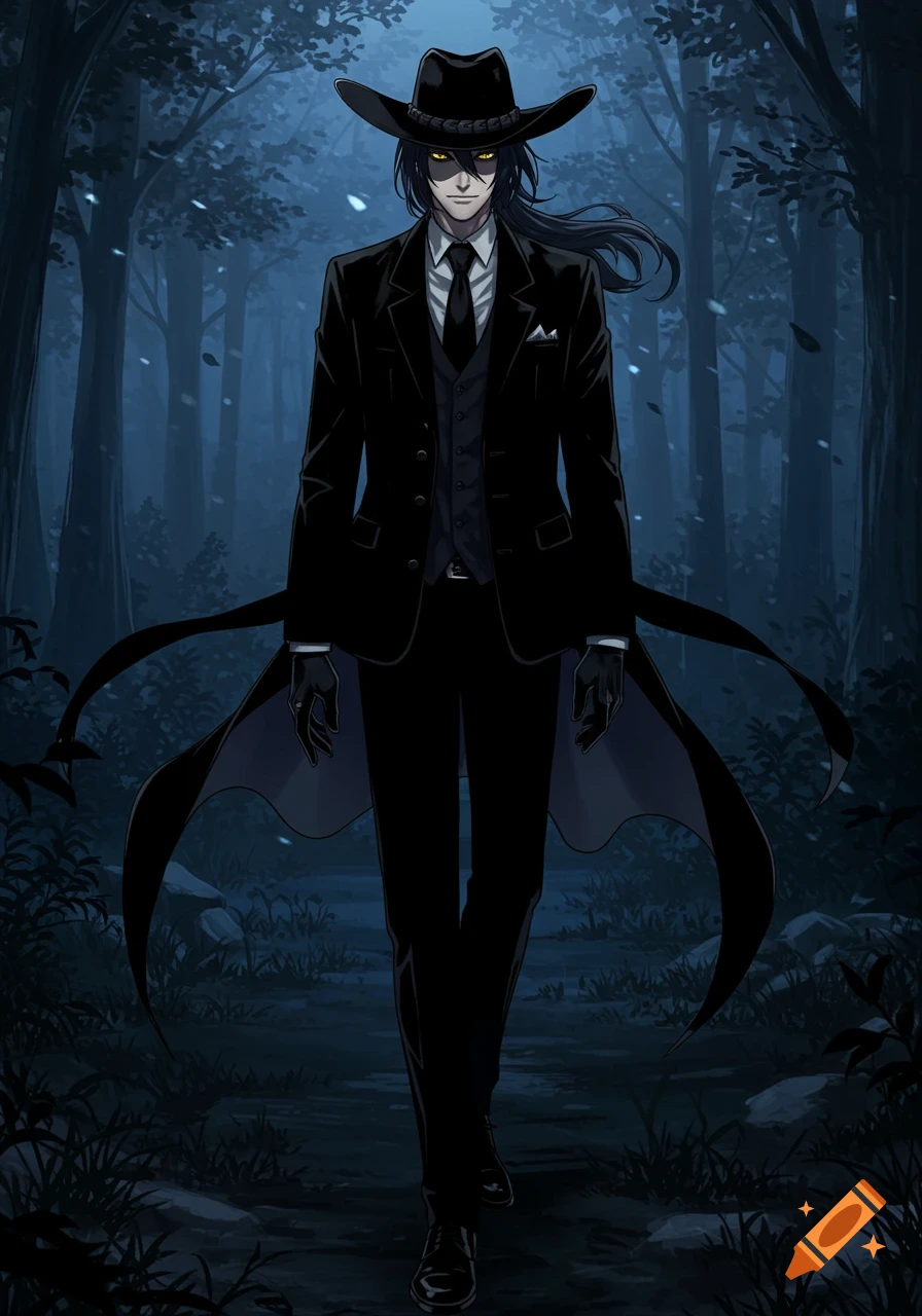 Anime man in a black suit, cowboy hat, and yellow eyes walks through a dark forest at night.