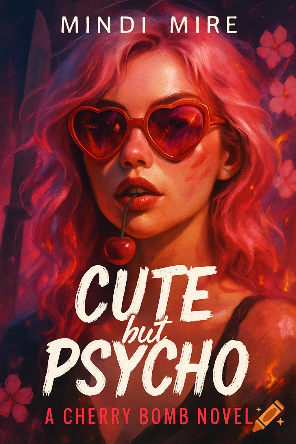 Stylized portrait of a pink-haired woman with red heart sunglasses, a cherry in her mouth, on a book cover titled 'Cute but Psycho'.