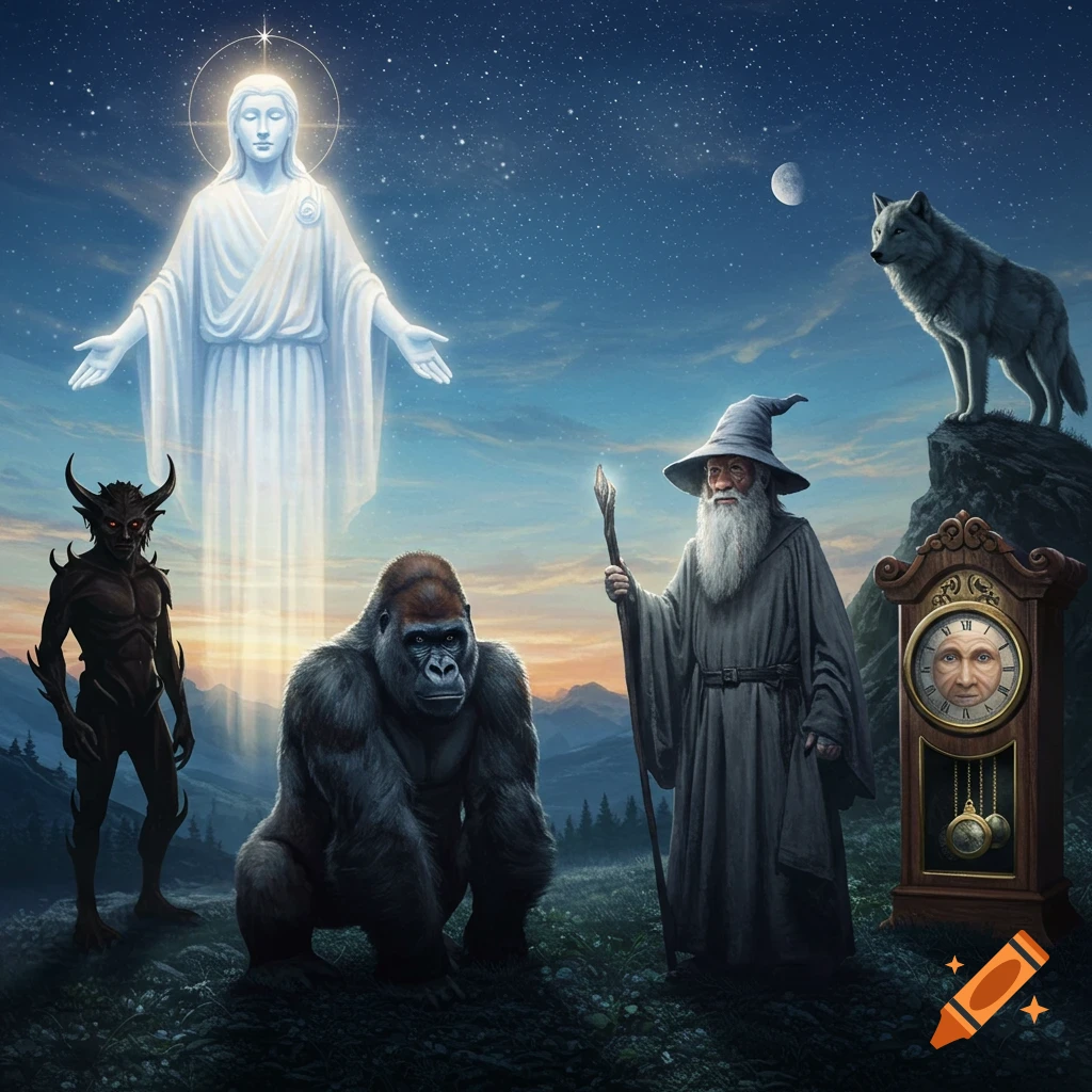 A glowing ethereal figure, demon, gorilla, wizard, wolf, and human-faced clock gather in a mystical, starry landscape.