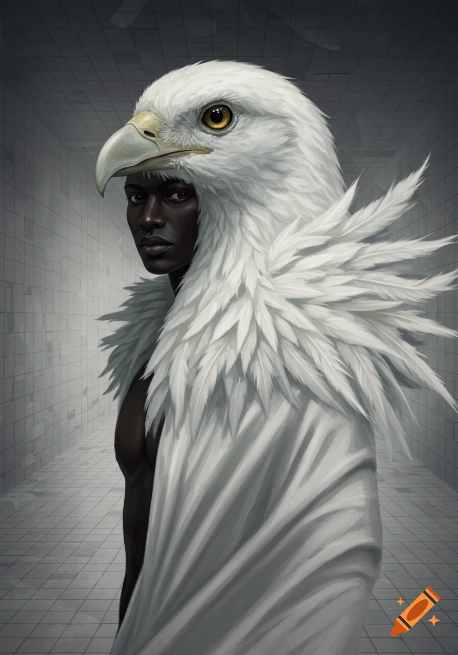 A dark-skinned man in an elaborate white eagle costume with a flowing robe stands in a tiled room, looking directly at the viewer.