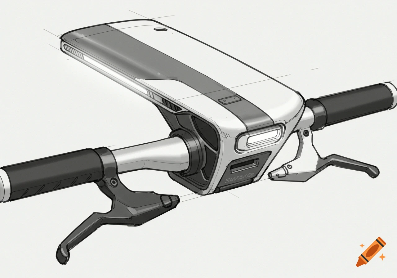Detailed sketch of a modern bike light and storage unit integrated into handlebars, featuring gray and white components.