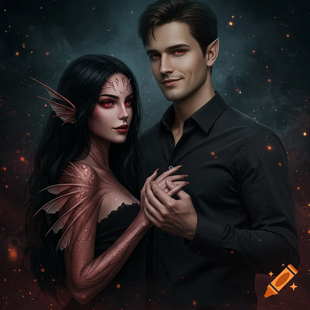 Photorealistic portrait of a dark-haired man and a woman with red eyes and reptilian features, holding hands against a mystical dark background.