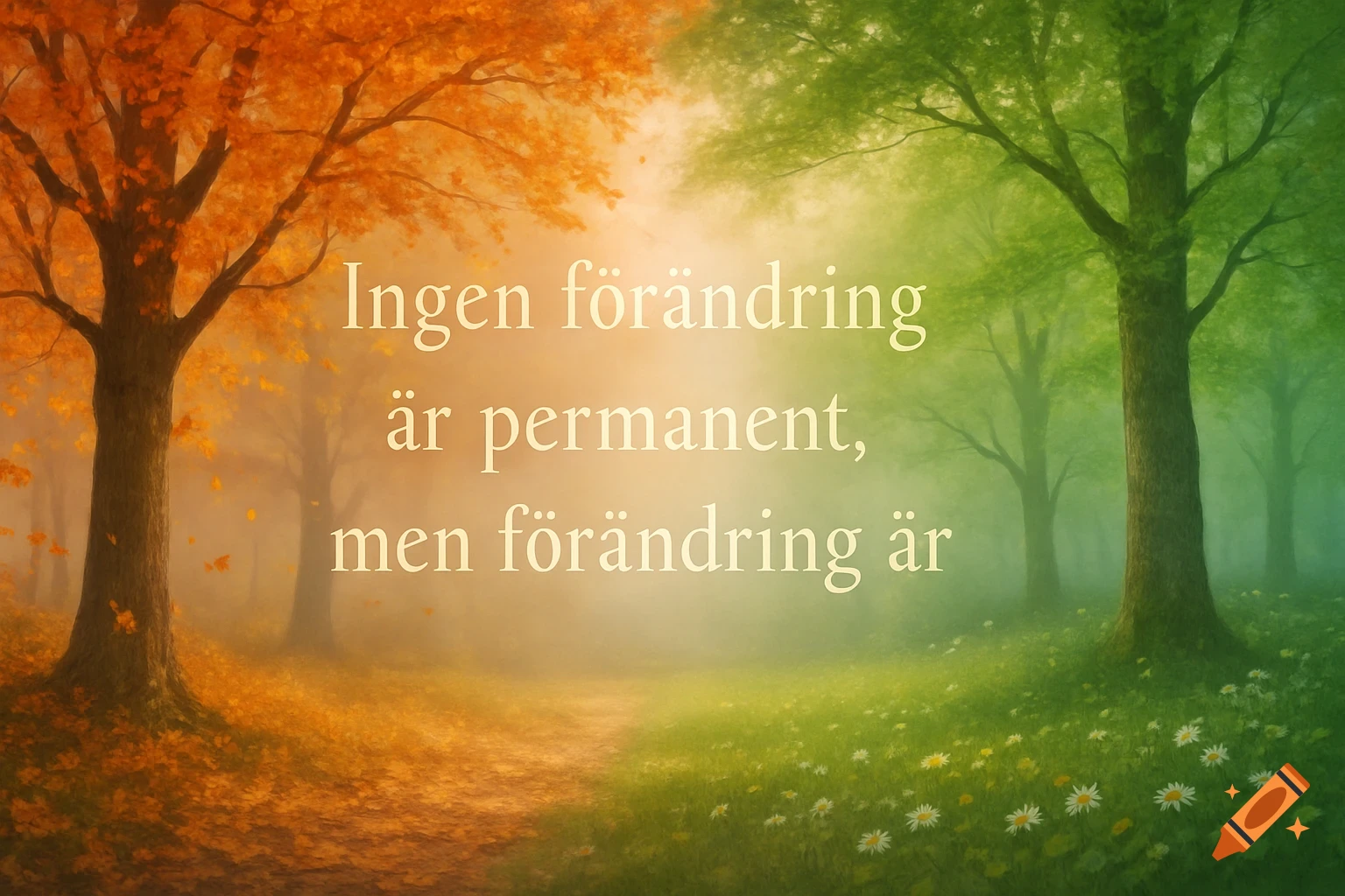 Misty path through a forest, half autumn orange, half spring green, with a Swedish quote about change.