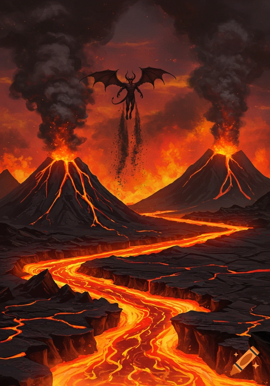 A winged demon flies over an erupting volcanic landscape with rivers of bright orange lava and black smoke.