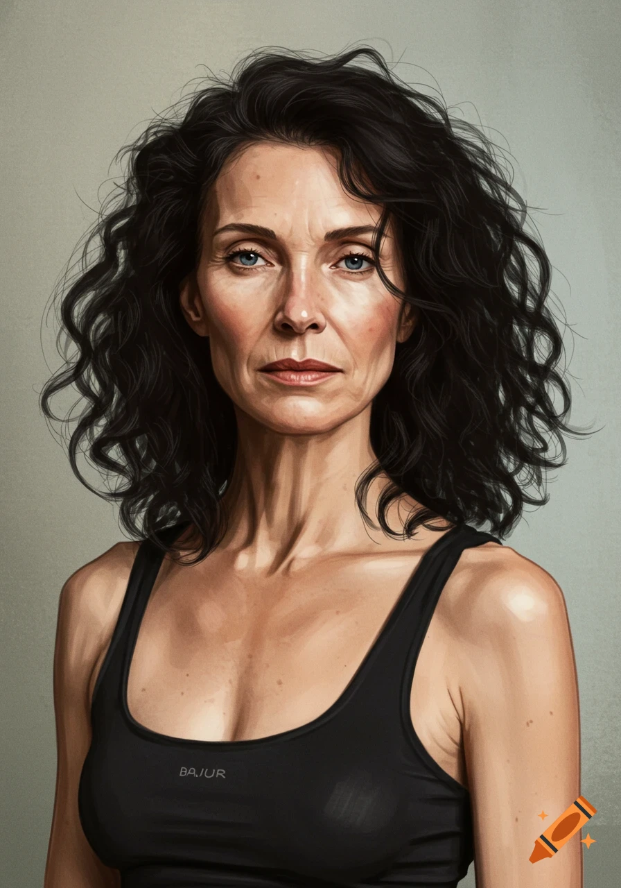 A close-up portrait of a woman with dark wavy hair and blue eyes, wearing a black tank top, against a muted background.