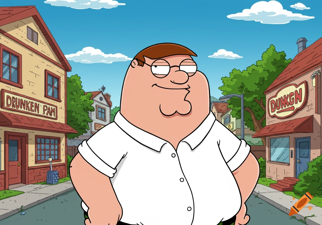 Peter Griffin stands on a street with a ".DRUNKEN PAM" building on the left and a ".DUNKGN" building on the right, in a cartoon style.