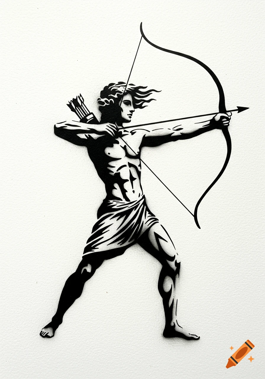 Black and white stencil art of a muscular male archer with flowing hair, clad in a loincloth, aiming a bow and arrow.