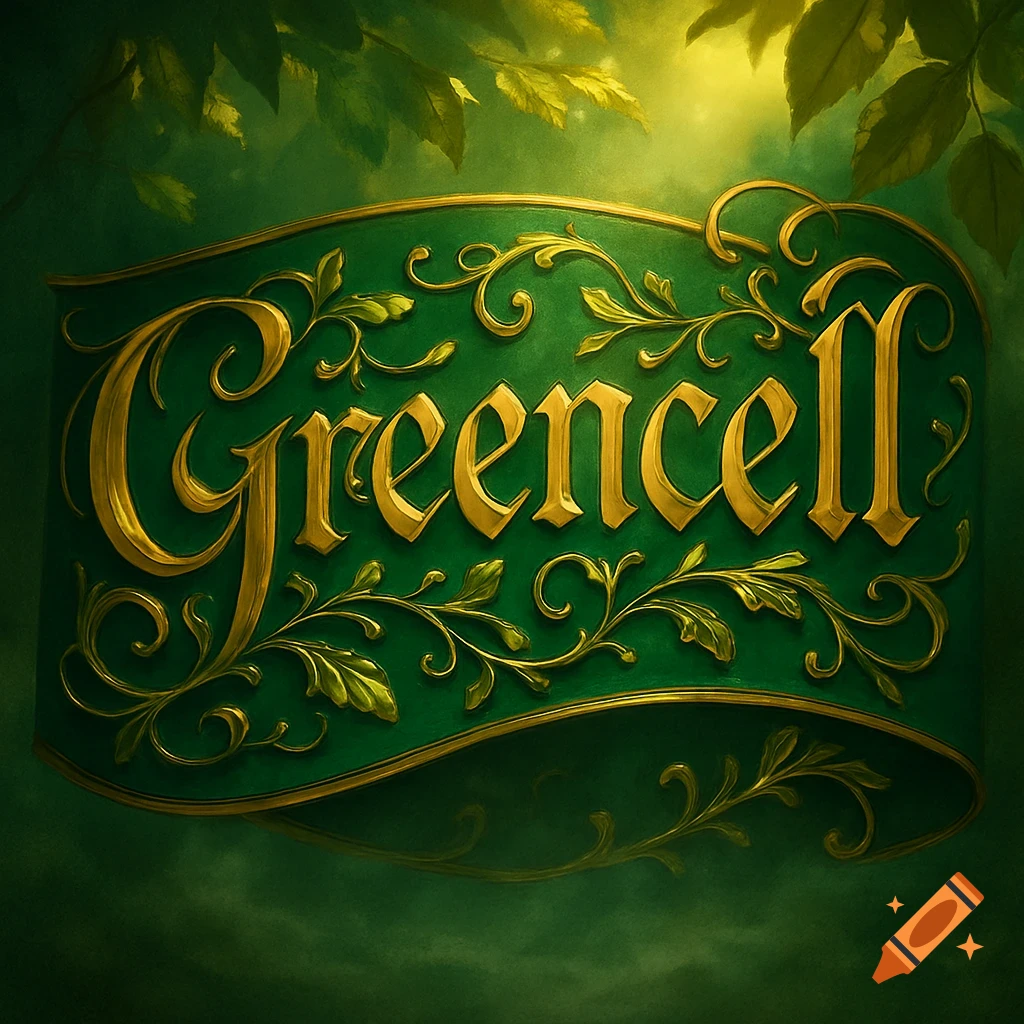 Ornate green banner with gold trim and leafy patterns, featuring 'Greencell' in decorative gold script.