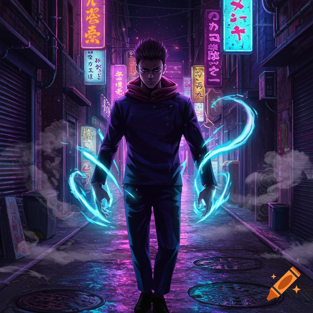 Anime male character with glowing blue energy around his hands, standing in a dark, neon-lit urban alley.