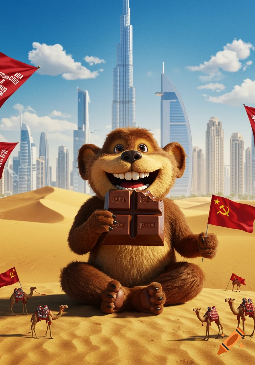 A smiling, furry brown cartoon creature sits in a desert with Dubai skyscrapers in the background, holding a "Dubai" chocolate bar and a red flag with a hammer and sickle.