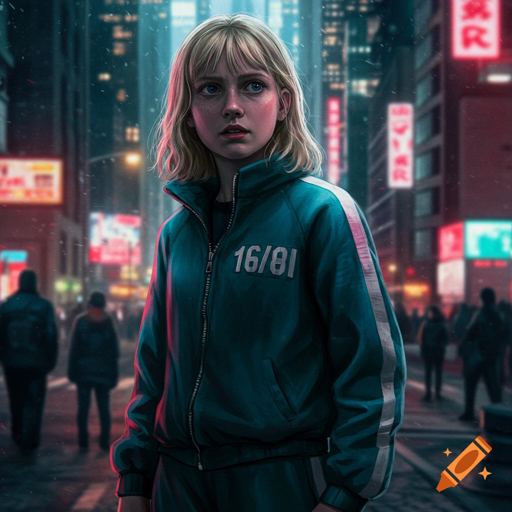 A blonde girl in a teal tracksuit with '16/81' on it stands in a rainy, neon-lit cyberpunk city street at night. She looks up and to the right.