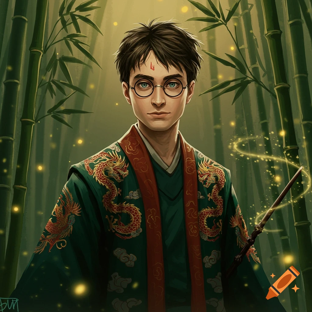 Asian-inspired Harry Potter in a green dragon robe holds a glowing wand in a bamboo forest.