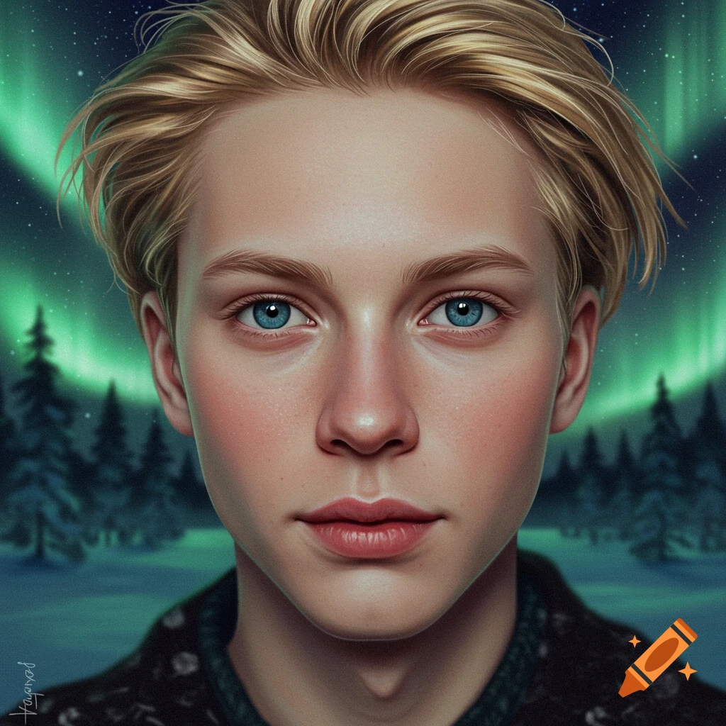 Close-up digital painting of a blonde youth with blue eyes against a winter forest and green Northern Lights.