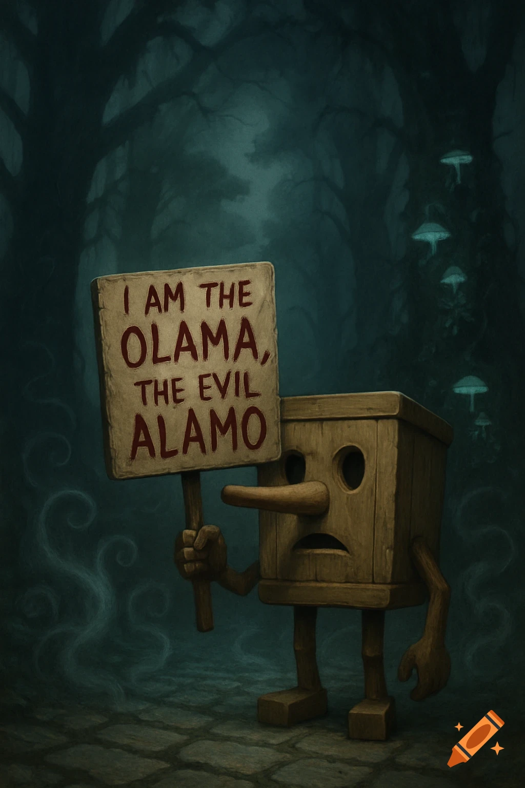 A whimsical wooden box creature with a long nose holds a sign in a dark, stylized forest that reads "I AM THE OLAMA, THE EVIL ALAMO".
