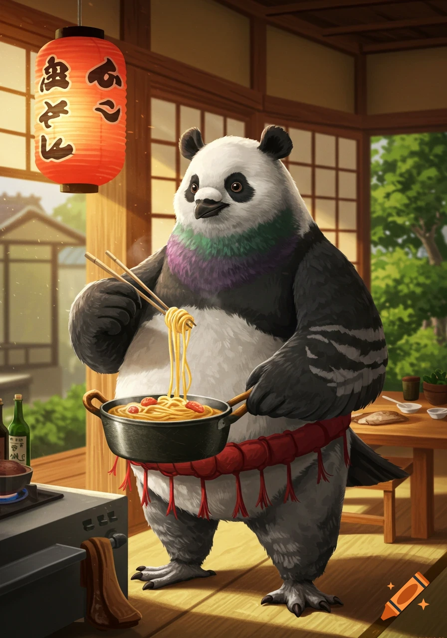 A cartoon panda-pigeon hybrid sumo wrestler cooks spaghetti in a pot with chopsticks in a Japanese-style room.