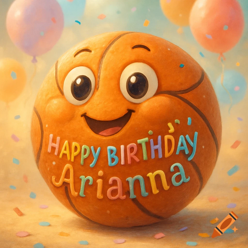 Cute, smiling basketball with 'Happy Birthday Arianna' text, colorful balloons, and confetti in a cartoon style.