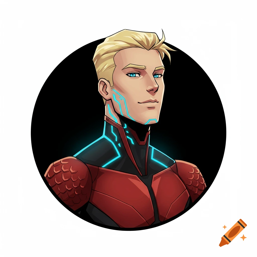 Bust portrait of Aqualad from Young Justice in Atlantean armor, with blonde hair and glowing blue tattoos, inside a black circle frame.