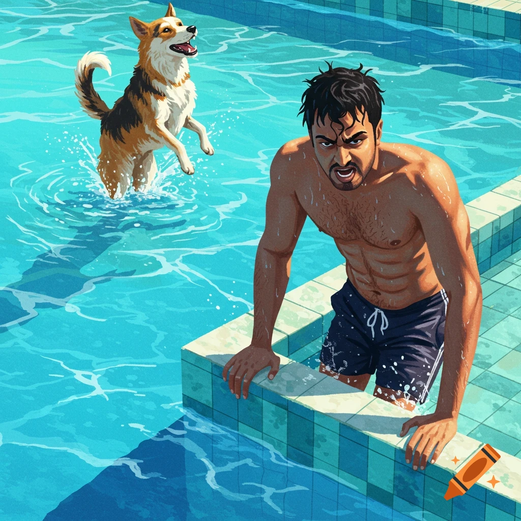 An angry man climbs out of a swimming pool while a dog barks joyfully from the water in a vibrant illustration.