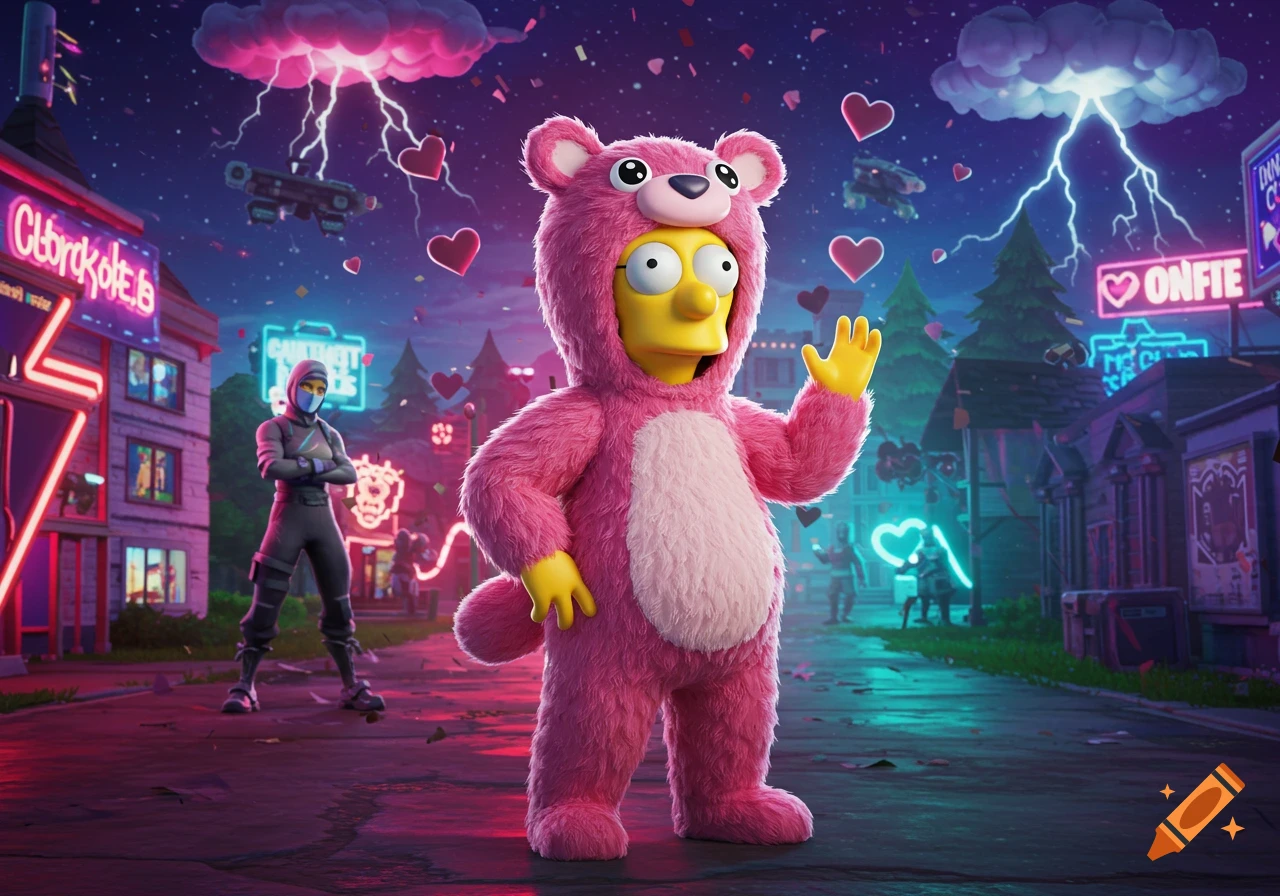 Homer Simpson in a pink furry bear costume waves in a neon-lit Fortnite city street with another character and floating hearts.